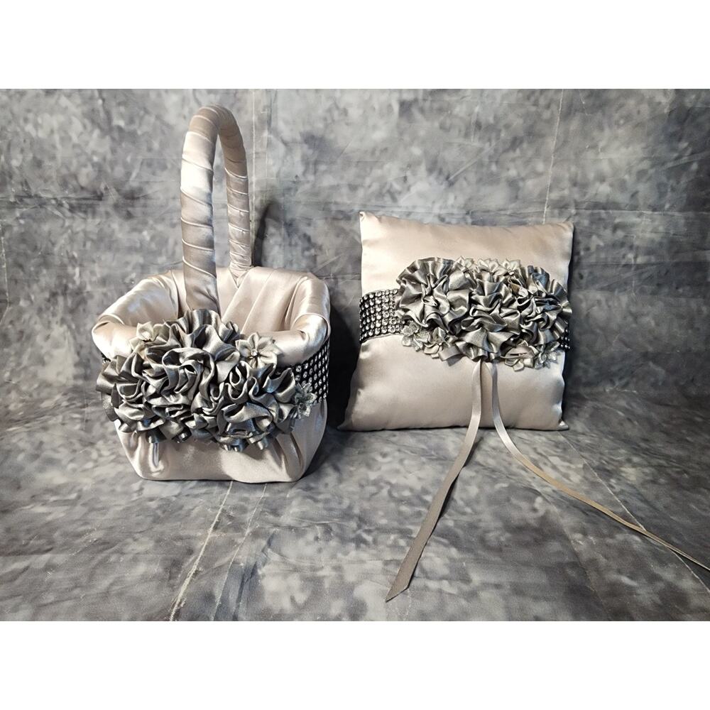 Silver Rhineston His & Hers Wedding Flower Girl Basket + Ring Bearer Pillow Set